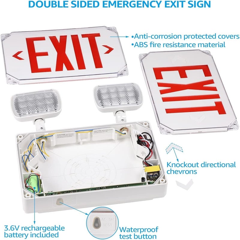 LEONLITE LED Exit Light, Wet Location Exit Sign with Emergency Lights, UL Listed, Outdoor Hardwired Red Letter Exit Sign with Battery Backup, 2 Dual Heads, Double Face, AC 120/277V, White - Image 3